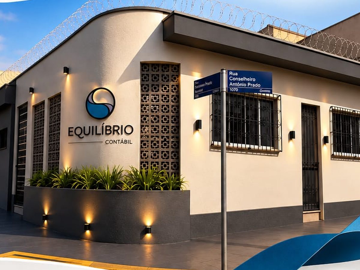 Fachada do novo prédio da Equilíbrio Contábil, de esquina, com o logo na parede e luzes acesas no fim da tarde