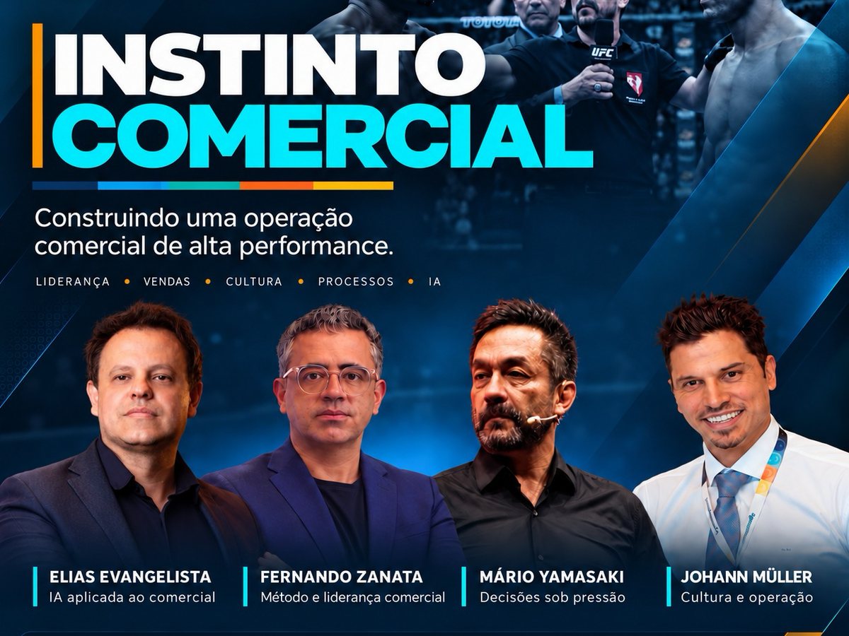 Arte do evento Instinto Comercial com os quatro palestrantes: Elias Evangelista, Fernando Zanata, Mário Yamasaki e Johann Müller