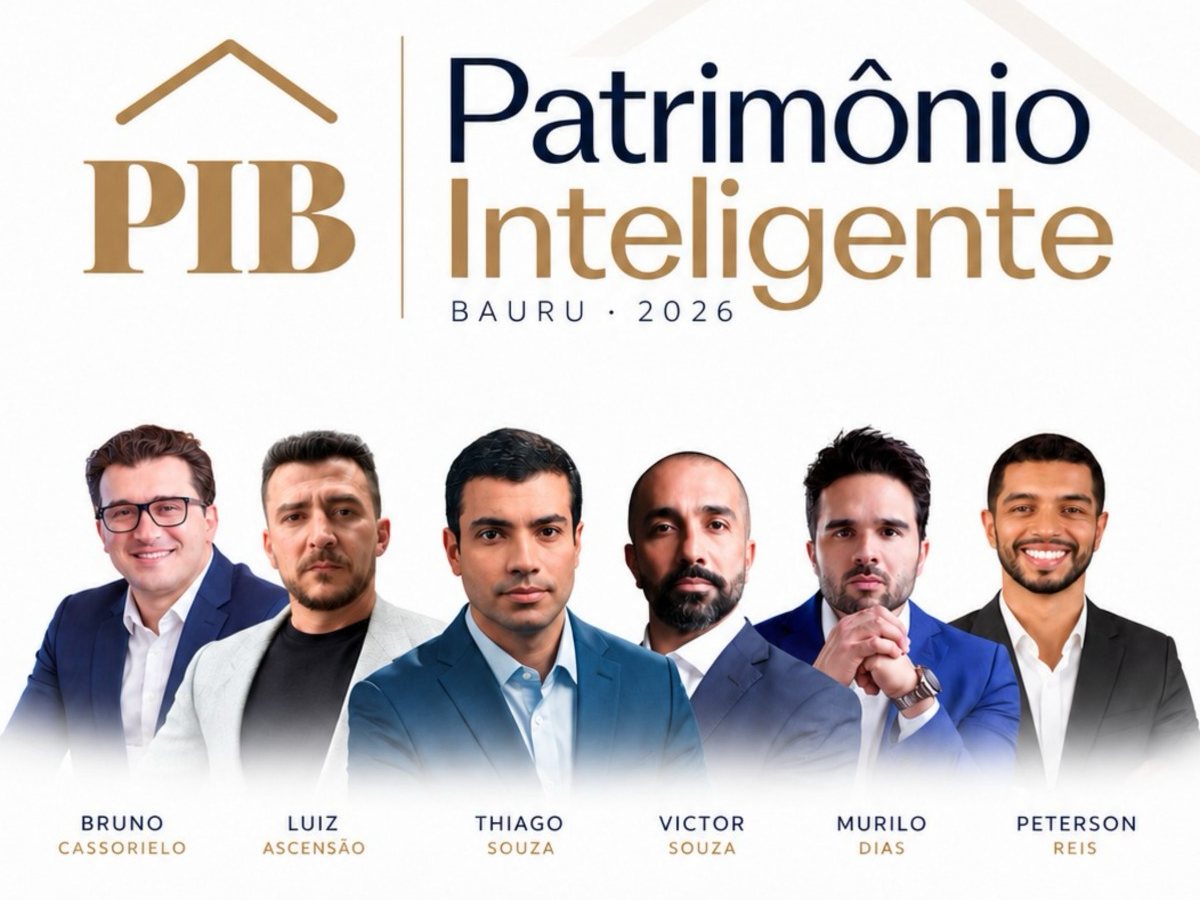 Arte do PIB Patrimônio Inteligente Bauru 2026 com os seis palestrantes lado a lado